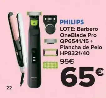 Carrefour Philips lote: barbero oneblade pro qp6541 15 + planca de pelo hp8321 40 oferta