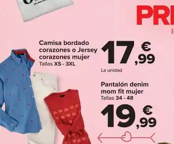 Carrefour Camisa bordado corazones o jersey corazones mujer pantalón denim mom fit mujer oferta
