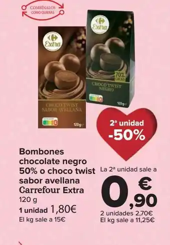 Carrefour 2a unidad -50% bombones chocolate negro 50% o choco twist sabor avellana carrefour extra oferta