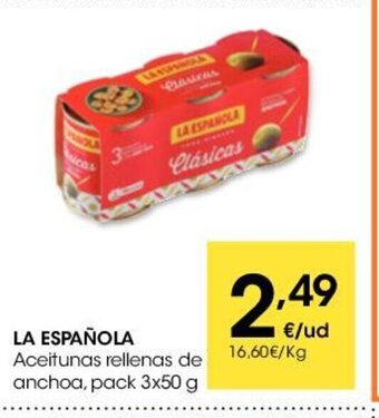 Eroski La Española Aceitunas rellenas de anchoa,pack 3x50 g. oferta