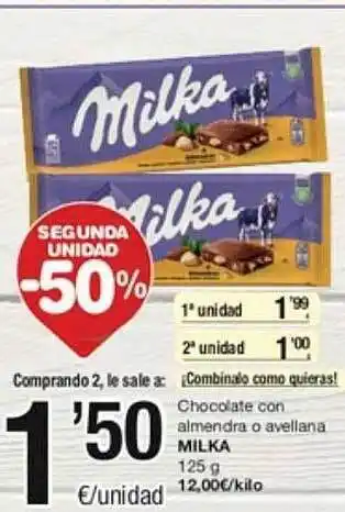 SPAR Fragadis Segunda unidad -50% chocolate con almendra o avellana milka oferta