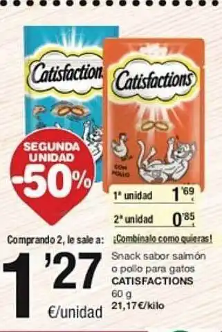 SPAR Fragadis Segunda unidad -50% snack sabor salmón o pollo para gatos catisfactions oferta