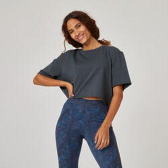 Decathlon Camiseta fitness manga corta crop top mujer domyos rosa azul oferta