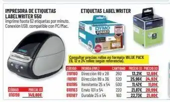 Carlin Codigo 810198 impresora de etiquetas labelwriter 550 precio xi 149.60€ imprime hasta 62 etiquetas por minuto. conexión usb oferta