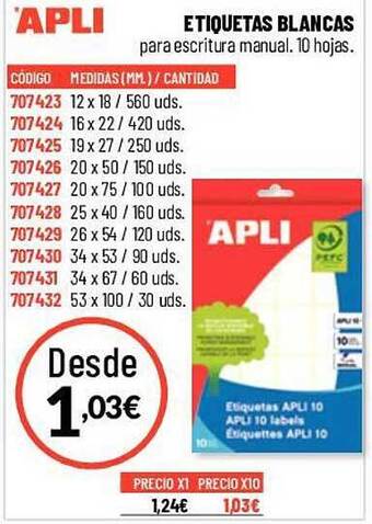 Carlin Apli etiquetas blancas oferta