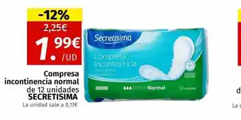 Maskom Supermercados Compresa incontinencia normal de 12 unidades secretisima oferta