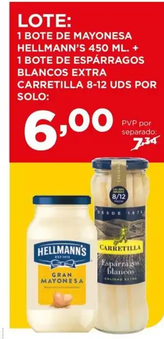 Alimerka 1 Bote de Mayonesa Hellmann's 450ml + 1 Bote de Espárragos Blancos Extra Carretilla 8-12 uds oferta