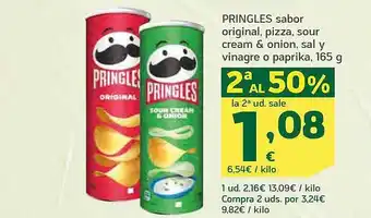 HiperDino 2a al 50% pringles sabor original pizza, sour cream & onion, sal y vinagre o paprika oferta