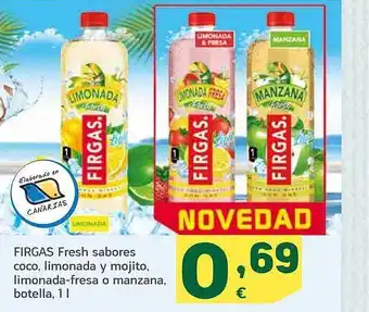 HiperDino Firgas fresh sabores, coco, limonada y mojito, limonada-fresa o manzana oferta