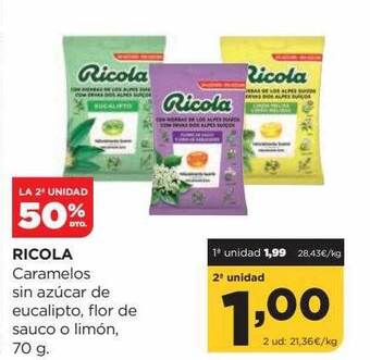 Alimerka La 2a unidad 50% dto ricola caramelos sin azúcar de eucalipto, flor de sauco o limón oferta