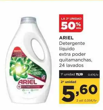 Alimerka La 2a unidad 50% dto. ariel detergente liquido extra poder quitamanchas 24 lavados oferta