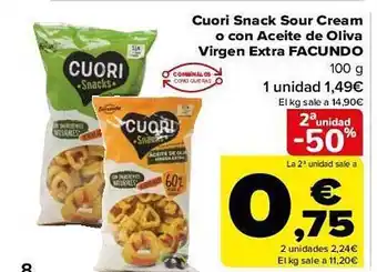 Carrefour 2a unidad -50% cuori snack sour cream o con aceite de oliva virgen extra facundo oferta