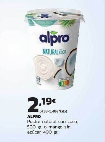 Supermercados Lupa Alpro postre natural con coco, o mango sin azúcar oferta