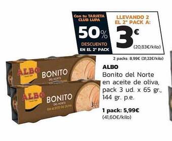 Supermercados Lupa 50% descuento en la 2a ud albo bonito del norte en aceite de oliva pack 3 oferta