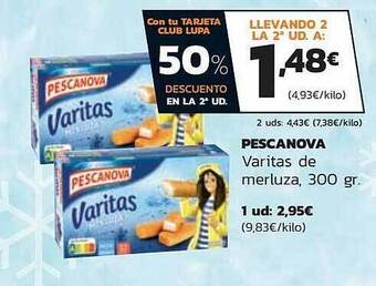 Supermercados Lupa 50% descuento en la 2a ud pescanova varitas de merluza oferta