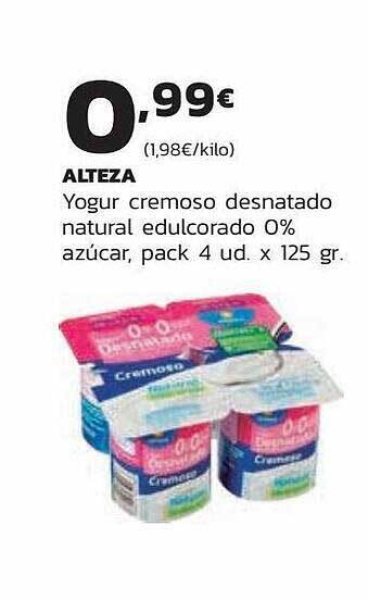 Supermercados Lupa Alteza yogur cremoso desnatado natural edulcorado 0% azúcar, pack 4 oferta