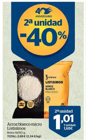 La Sirena 2a unidad -40% arroz blanco micro listisimos bolsa 4 oferta