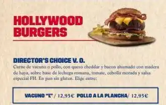 Foster's Hollywood Hollywood burgers director's choice v. o. carne de vacuno o pollo, con queso cheddar y bacon ahumado con madera de haya, so oferta