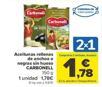 Carrefour Aceitunas rellenas de anchoa o negras sin hueso carbonell oferta