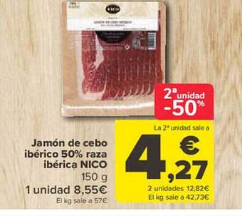 Carrefour Jamón de cebo ibérico 50% raza ibérica nico oferta