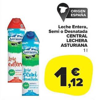 Carrefour Market Leche entera, semi o desnatada central lechera asturiana oferta