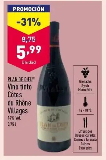 ALDI Plan De Dieu Vino Tinto Côtes De Rhône Villages oferta