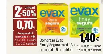 FROIZ 2a unidad -50% compresa evax fina y segura maxi o normal oferta