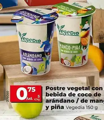 Dia Postre vegetal con bebida de coco de arándano - de mango y piña vegedia oferta