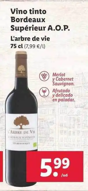 Lidl Vino tinto bordeaux supérieur a.o.p. l'arbre de vie oferta