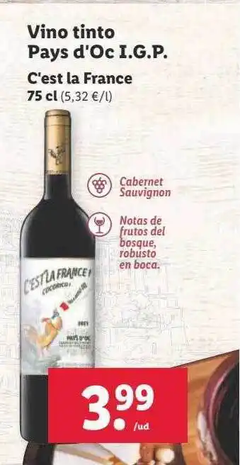 Lidl Vino tinto pays d'oc i.g.p. c'est la france oferta