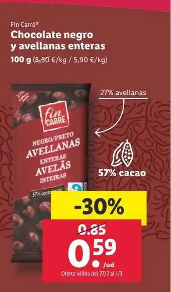 Lidl Chocolate negro y avellanas enteras fin carré oferta