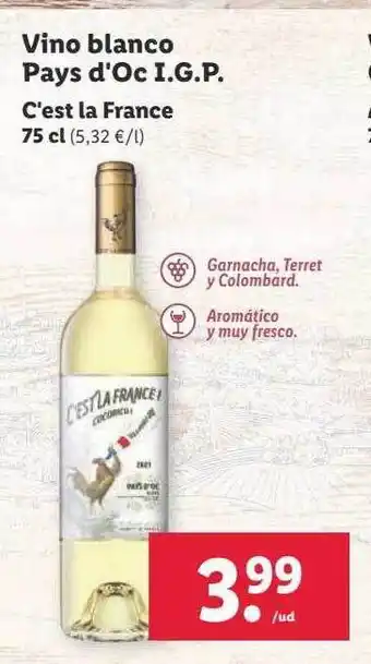 Lidl Vino blanco pays d'oc i.g.p. c'est la france 75 cl oferta