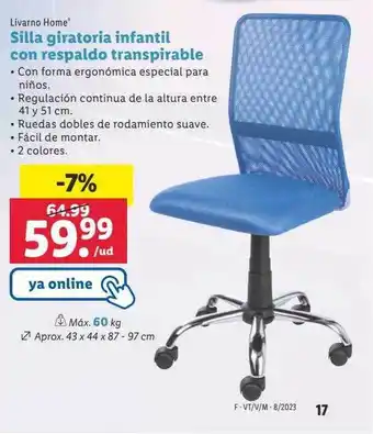 Lidl Silla giratoria infantil con respaldo transpirable livarno home oferta