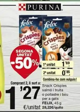 SPAR Fragadis Snack crispies salmó i truita o pollastre i bou per a gats felix oferta