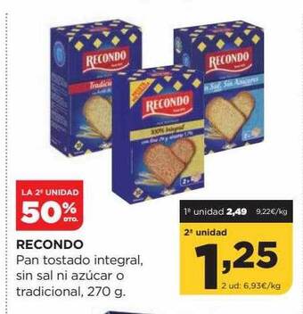 Alimerka La 2a unidad 50% dto recondo pan tostado integral, sin sal ni azúcar o tradicional oferta