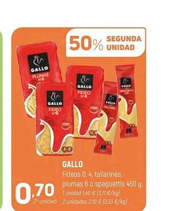 Coviran Gallo fideos 0, 4, tallarines, plumas 6 o spaguettis oferta