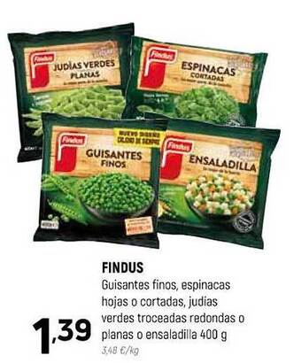 Coviran Findus guisantes finos, espinacas hojas o cortadas, judias verdes troceadas redondas o planas o ensaladilla oferta