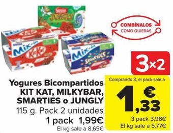 Carrefour Yogures bicompartidos kit kat, milkybar, smarties o jungly oferta