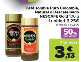 Carrefour Café soluble puro colombia, natural o descafeinado nescafe gold oferta