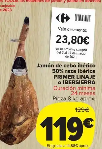 Carrefour Market Jamón de cebo ibérico 50% raza ibérica primer linaje o ibersierra oferta