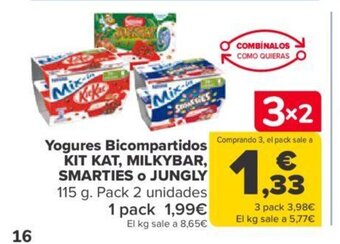 Carrefour Yogures Bicompartidos Kit Kat Milkybar Smarties o Jungly oferta