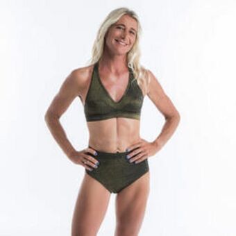 Decathlon Top bikini mujer deportivo escote v brillo negro oro oferta