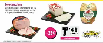 AhorraMas Lote charcuteria 250g de jamón cocido extra campofrio + 250g de pechuga de pavo naturarte + 250 g de queso en barra el venter oferta