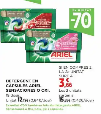 Hipercor 2a unitat -70% detergente en càpsules ariel sensaciones o oxi oferta