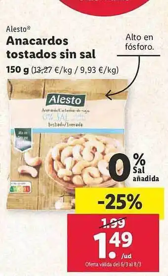 Lidl Alesto anacardos tostados sin sal oferta