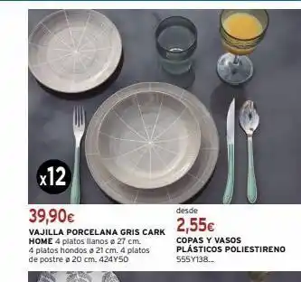 Cadena88 X12 39,90€ vajilla porcelana gris cark home 4 platos llanos ø 27 cm. 4 platos hondos 21 cm. 4 platos de postre 20 cm. 424y5 oferta