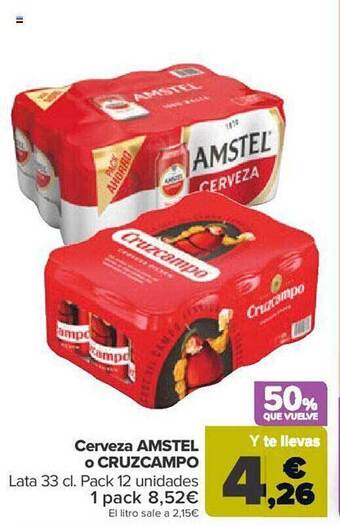 Carrefour Cerveza amstel o cruzcampo oferta