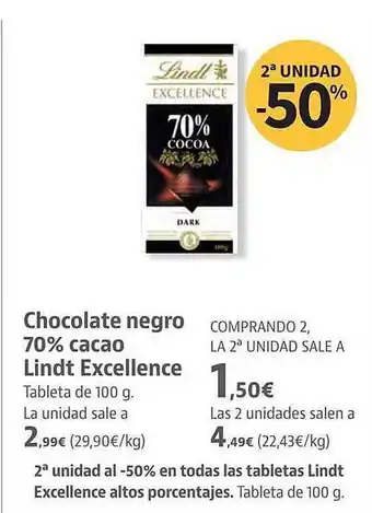 Supermercados Sánchez Romero 2a unidad -50% chocolate negro 70% cacao lindt excellence oferta