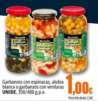 Unide Supermercados Garbanzos con espinacas alubia blanca o garbanzos con verduras unide oferta