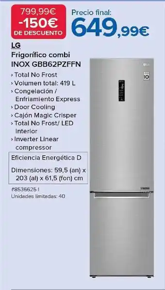 Costco Lg frigorífico combi inox gbb62pzffn oferta